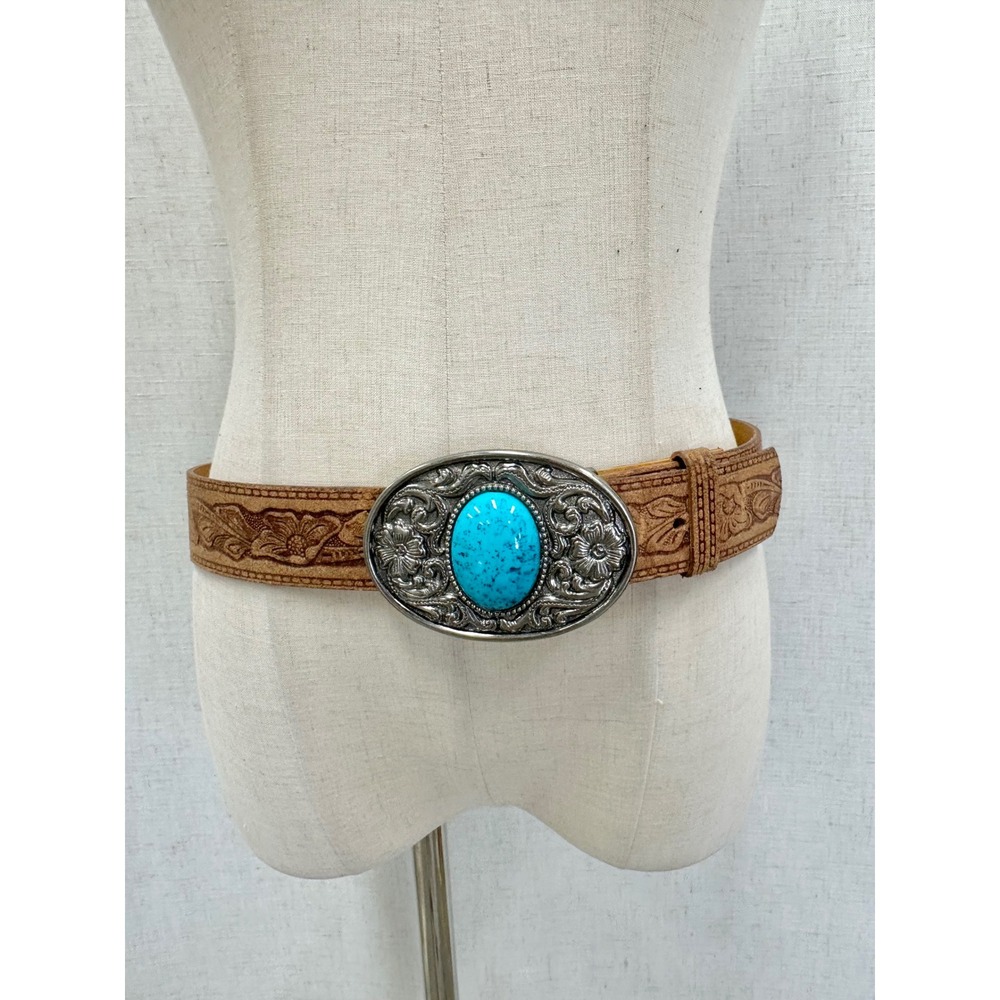 Genuine Leather Floral Tooled Brown Belt Womens Size 32 Turquoise Buckle Western